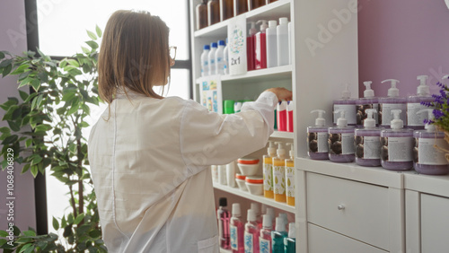 Young female pharmacist in a pharmacy shop organizing products on shelves while standing indoors with various items displayed in the background.