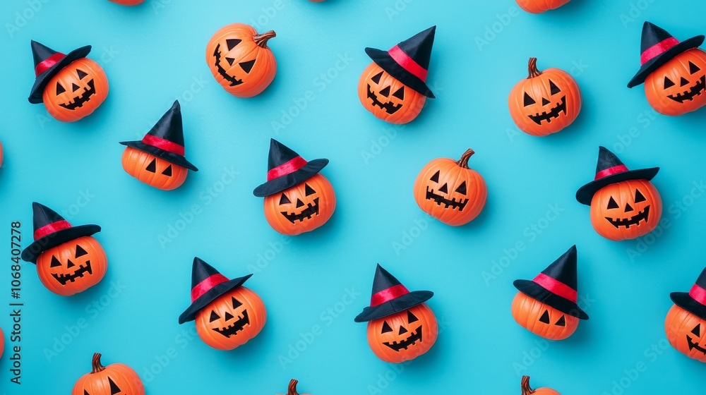 Halloween Pumpkins with Witch Hats on Blue Background. Halloween Pumpkins with Witch Hats on Blue Background.