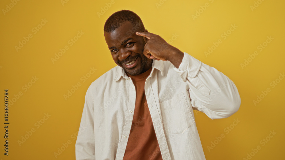 Handsome young man over isolated yellow background smiling and pointing at his temple Handsome young man over isolated yellow background smiling and pointing at his temple