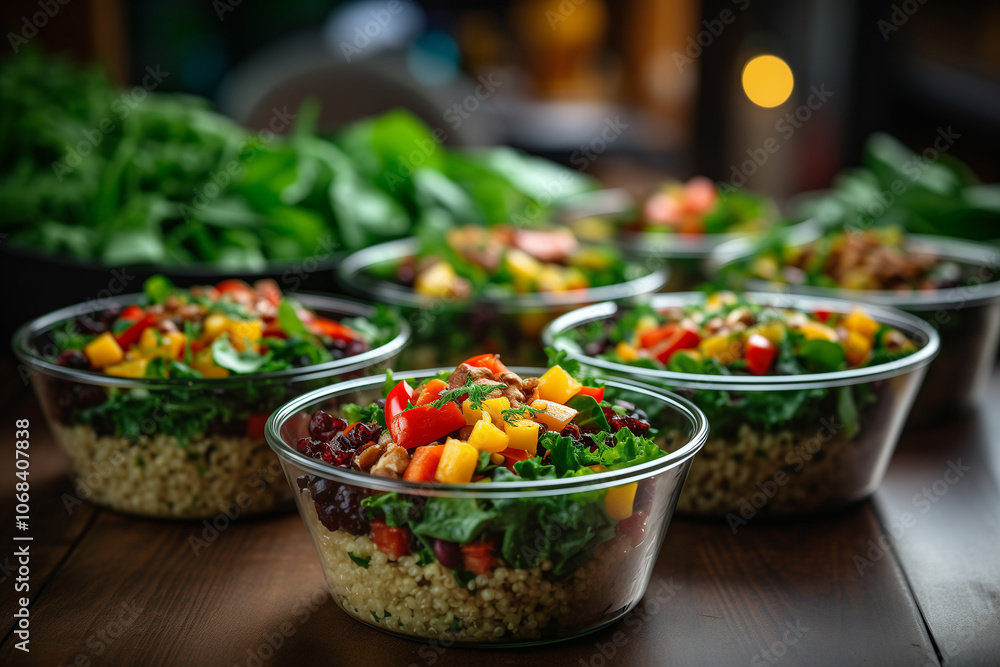 A vibrant meal prep setup with colorful vegetables, quinoa, and greens for clean eating. A vibrant meal prep setup with colorful vegetables, quinoa, and greens for clean eating.