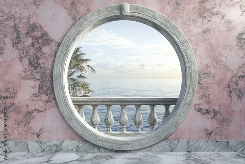 luxury circle window with metal fence carvings in a elegant pink and grey marble wall with a beautiful view sea 
