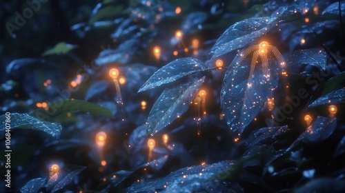 Digital raindrops falling onto a lush forest, where each drop turns into a glowing circuit upon hitting the leaves."