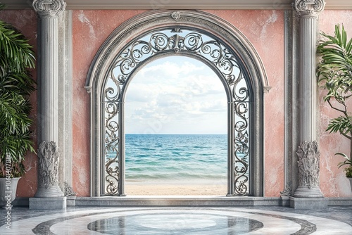 luxury circle window with metal fence carvings in a elegant pink and grey marble wall with a beautiful view sea 