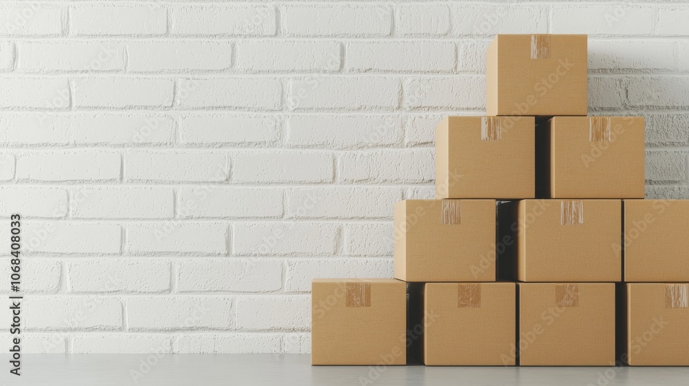 Stack of Cardboard Boxes Against White Brick Wall. Stack of Cardboard Boxes Against White Brick Wall.