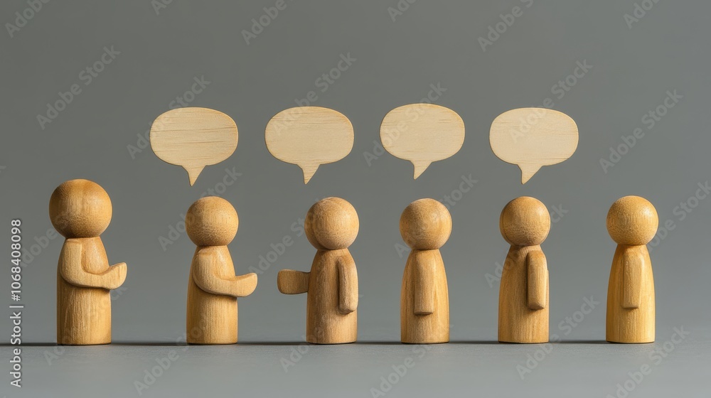 Wooden figures stand in row, engaging in conversation with speech bubbles above them, symbolizing communication and interaction Wooden figures stand in row, engaging in conversation with speech bubbles above them, symbolizing communication and interaction