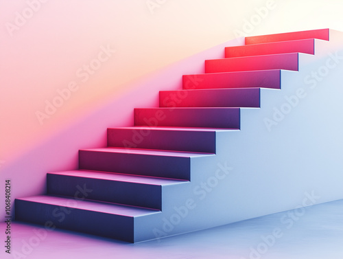 Render and mockup of a simple minimalist staircase in pink and purple shades. Realistic style illustration