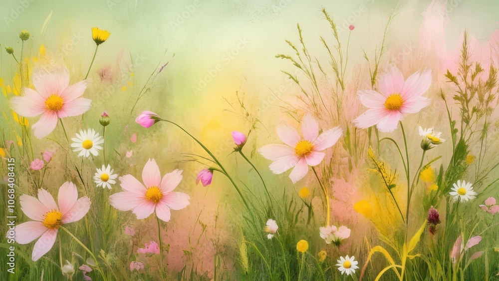 A tranquil and vibrant meadow filled with colorful wildflowers, capturing the essence of spring and nature's beauty in soft pastel tones A tranquil and vibrant meadow filled with colorful wildflowers, capturing the essence of spring and nature's beauty in soft pastel tones