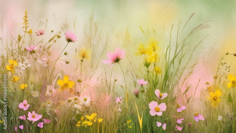 A tranquil and vibrant meadow filled with colorful wildflowers, capturing the essence of spring and nature's beauty in soft pastel tones A tranquil and vibrant meadow filled with colorful wildflowers, capturing the essence of spring and nature's beauty in soft pastel tones