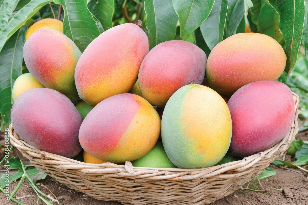 A basket filled with ripe, colorful mangoes among green leaves.