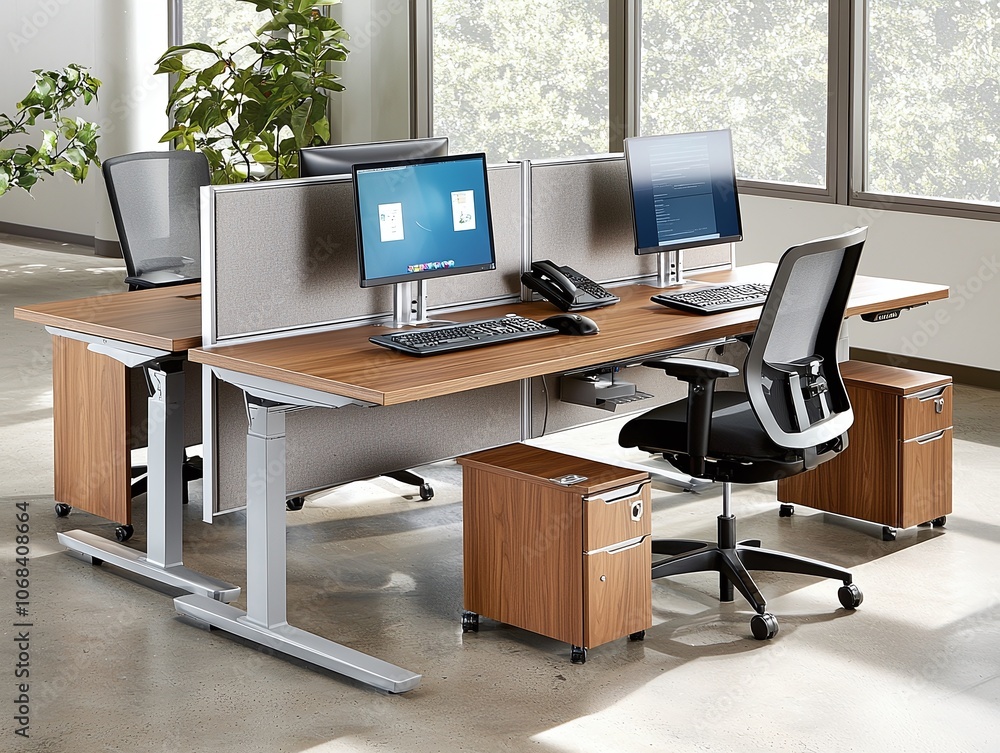 Modern office workspace with adjustable desks and ergonomic chairs. Modern office workspace with adjustable desks and ergonomic chairs.