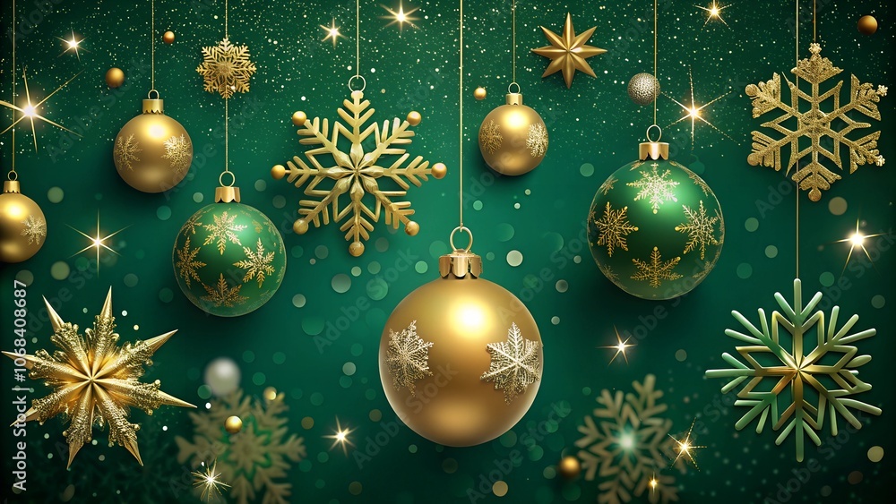 Green and gold Christmas ornaments with stars and lights Green and gold Christmas ornaments with stars and lights