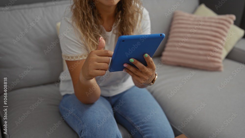 Young woman with colorful nails and blue tablet sitting on a couch in a cozy living room, giving thumbs up, engaging with digital content at home. Young woman with colorful nails and blue tablet sitting on a couch in a cozy living room, giving thumbs up, engaging with digital content at home.