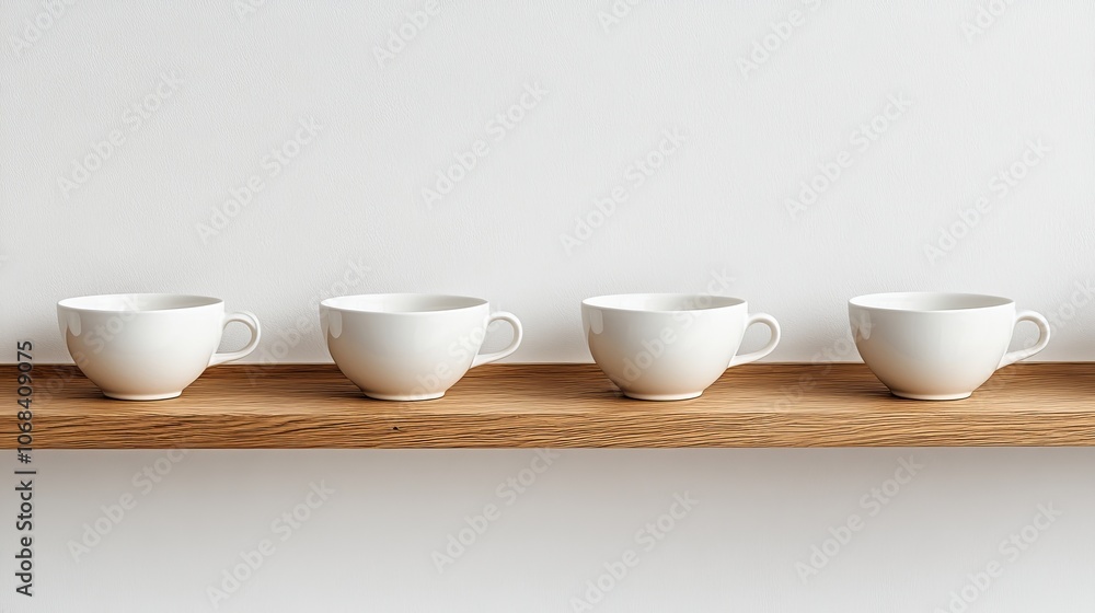 Four White Coffee Cups on Wooden Shelf. Four White Coffee Cups on Wooden Shelf.