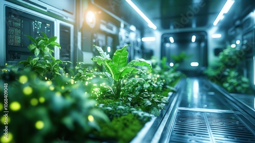 Futuristic bio-engineered plants growing in an eco-lab, designed to thrive in space or harsh environments."