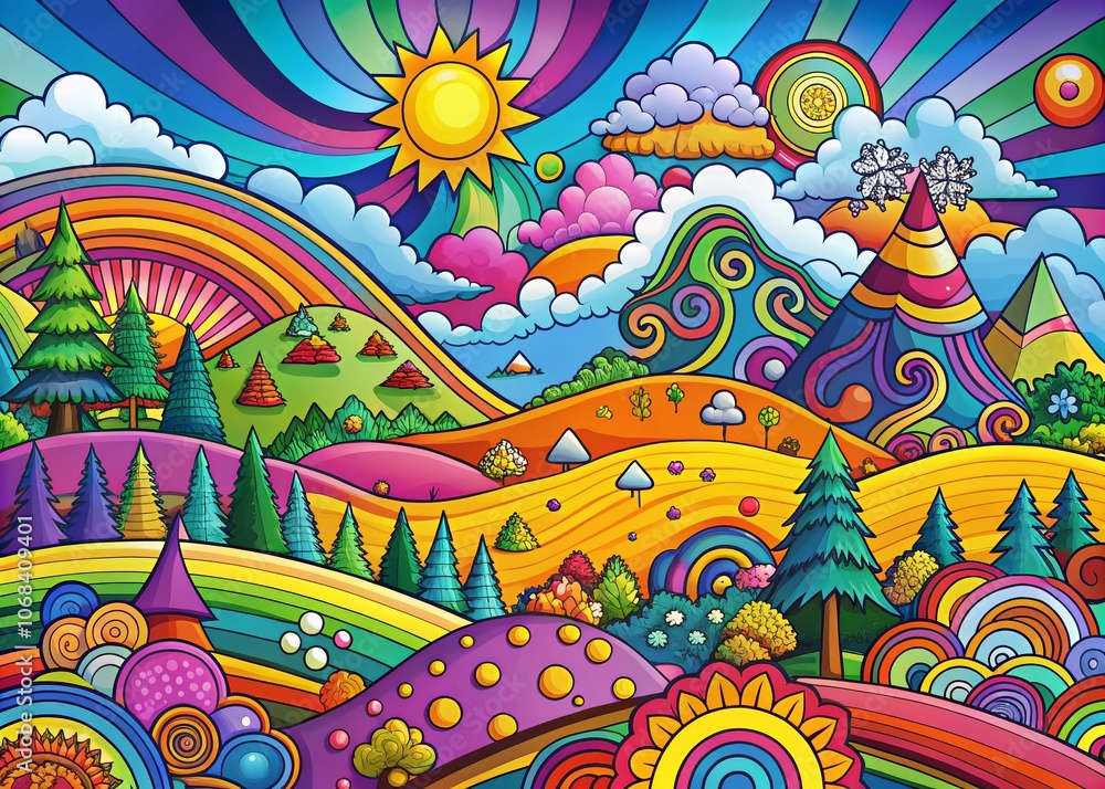 Psychedelic Landscape: A Retro Disco Hippy Groovy Art Concept with Vivid Colors and Whimsical Elements in a Cartoonish Style, Perfect for Sticker Designs and Graphic Illustrations Psychedelic Landscape: A Retro Disco Hippy Groovy Art Concept with Vivid Colors and Whimsical Elements in a Cartoonish Style, Perfect for Sticker Designs and Graphic Illustrations