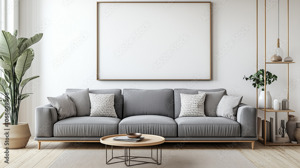 Naklejka premium Modern Scandinavian living room featuring a gray sofa, minimalist decor, wooden coffee table, and soft lighting, creating a serene and elegant space with natural elements.