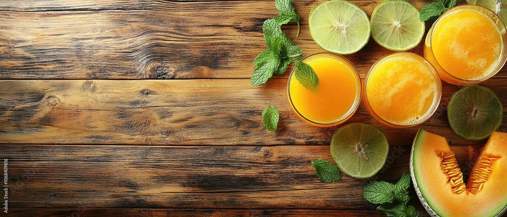 Freshly squeezed orange juice, lime slices and cantaloupe melon on a wooden table with space for text. Freshly squeezed orange juice, lime slices and cantaloupe melon on a wooden table with space for text.