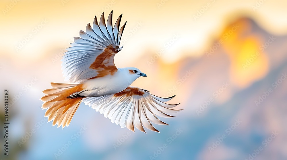 The birds wings spread wide as it glides effortlessly through the sky, catching the warm thermals rising from the majestic mountain peaks below The birds wings spread wide as it glides effortlessly through the sky, catching the warm thermals rising from the majestic mountain peaks below