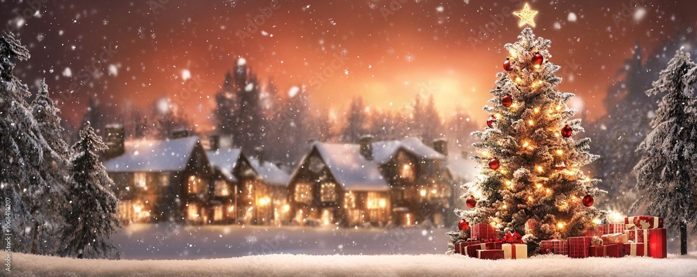 Christmas tree with gifts illuminates snowy village during a festive night Christmas tree with gifts illuminates snowy village during a festive night