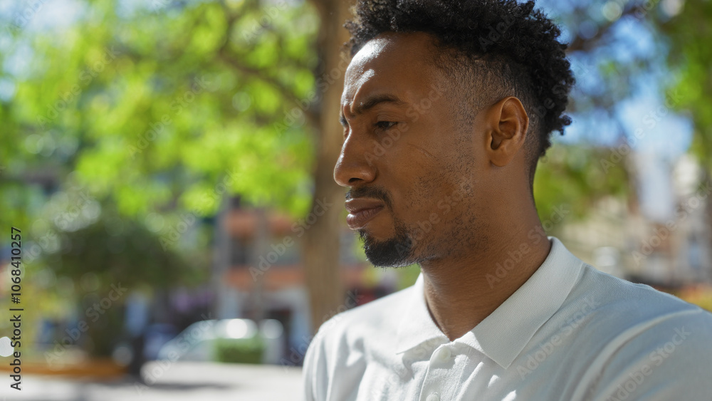 Handsome young african american man with a beard standing outdoors in an urban park setting, reflecting under the shade of trees on a sunny day. Handsome young african american man with a beard standing outdoors in an urban park setting, reflecting under the shade of trees on a sunny day.