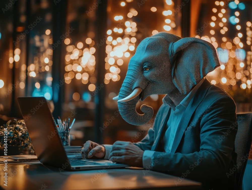 Person with elephant head working on a laptop in a cozy, illuminated environment. Person with elephant head working on a laptop in a cozy, illuminated environment.