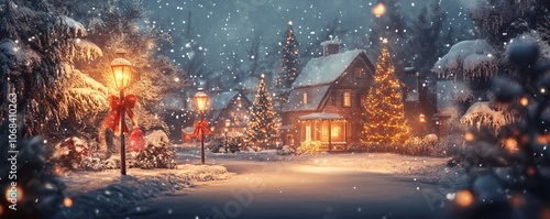 Snowy christmas village street with decorated houses and lampposts at night