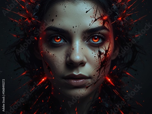 a robotic woman in red, looking scary,A portrait of an attractive vampire with red eyes who is covered in blood, girl with a half red and half white face on a black background