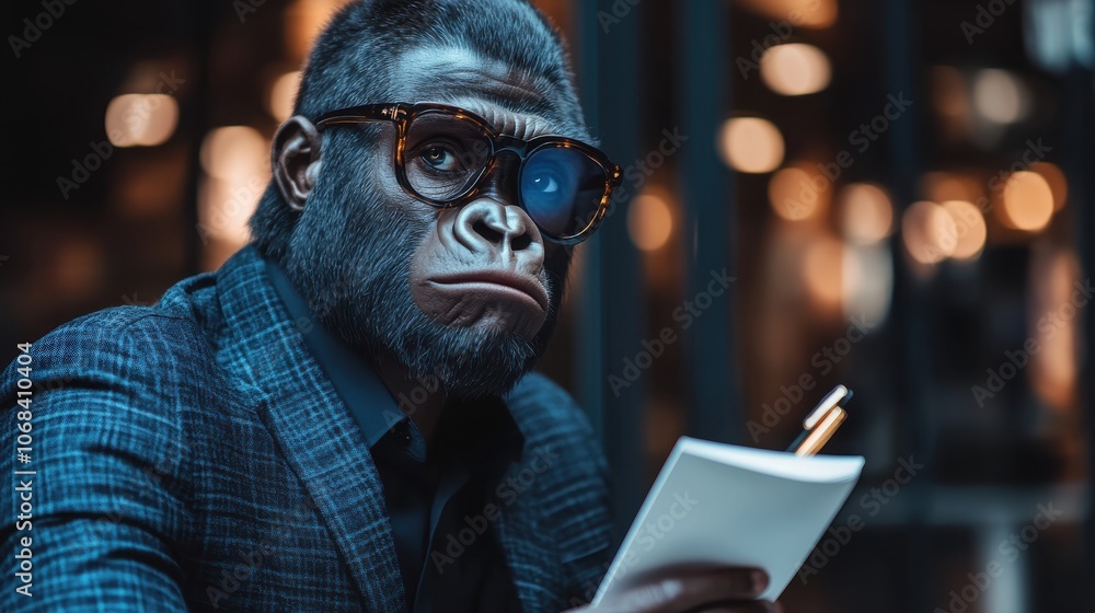 Stylish gorilla in glasses, sitting with a notepad, capturing a moment of creativity. Stylish gorilla in glasses, sitting with a notepad, capturing a moment of creativity.