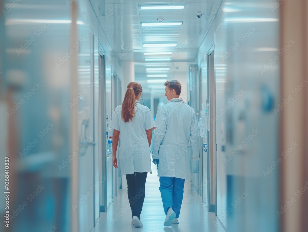 Two medical professionals walking together in a hospital hallway. Two medical professionals walking together in a hospital hallway.