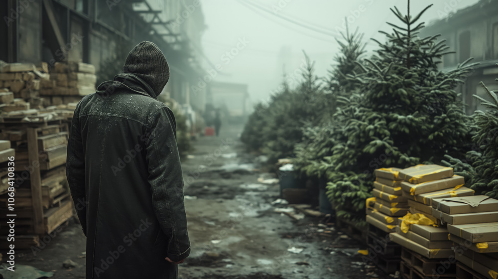 Mysterious figure in urban alleyway surrounded by pine trees and wooden pallets in foggy atmosphere Mysterious figure in urban alleyway surrounded by pine trees and wooden pallets in foggy atmosphere
