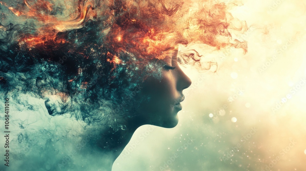 Abstract art of woman with fire-like, colorful hair in profile view Abstract art of woman with fire-like, colorful hair in profile view