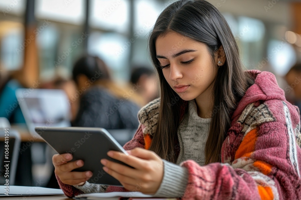 Woman student working and looking at tablet. Woman student working and looking at tablet.