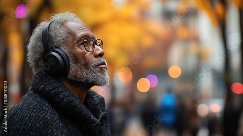 Senior citizen uses smart headphones to listen to podcasts and audiobooks. Technological safety is key."