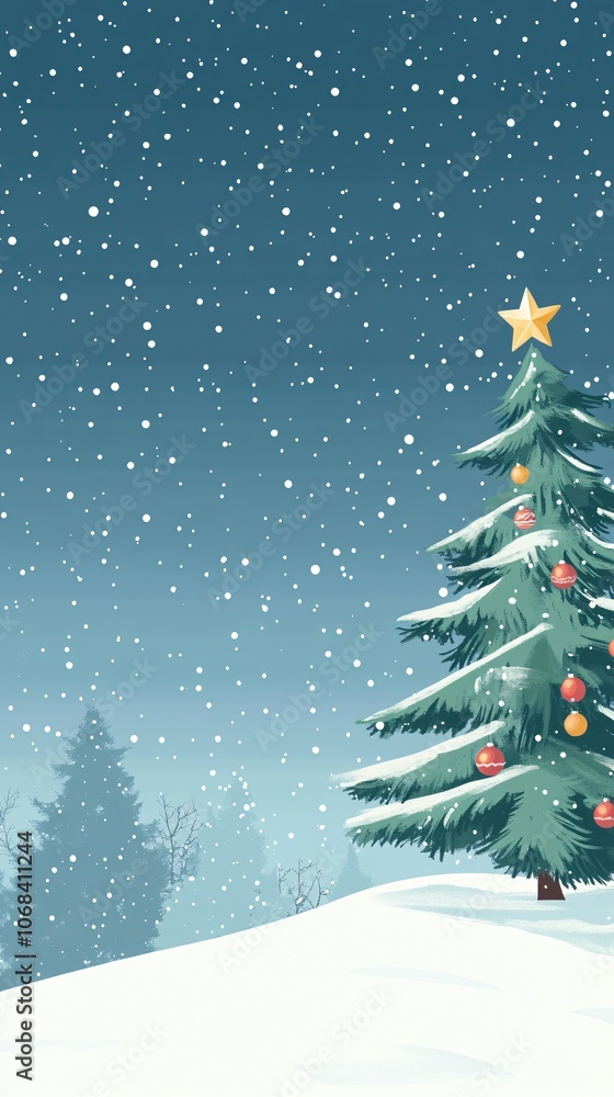Christmas tree standing in snowy landscape during snowfall at night Christmas tree standing in snowy landscape during snowfall at night