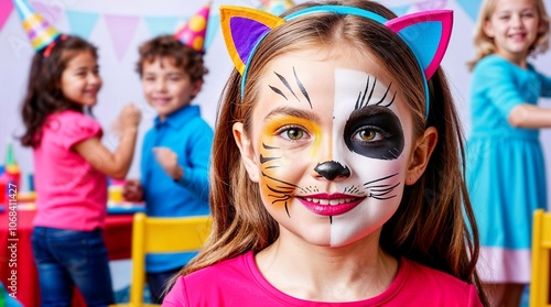 A smiling adorable  young girl at kids party, her face decorated with vibrant, artistic face paint that includes colorful patterns. The face paint is intricate yet childlike, with bright colours 