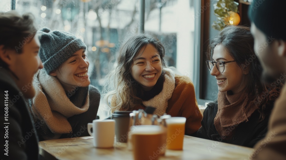 Friends Enjoying Warm Drinks Together in a Cozy Café, Group of friends laughing and sharing warm drinks in a cozy café, dressed for winter, enjoying each other's company.
Friends Enjoying Warm Drinks Together in a Cozy Café, Group of friends laughing and sharing warm drinks in a cozy café, dressed for winter, enjoying each other's company.