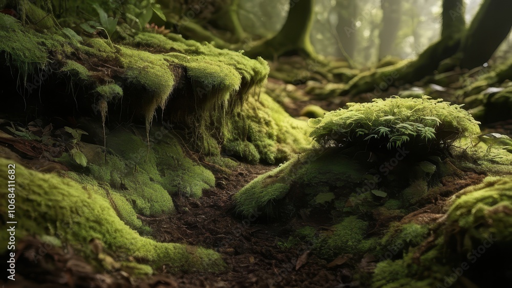 A serene forest floor, covered in vibrant green moss and illuminated by soft sunlight filtering through the trees, creating a tranquil nature scene A serene forest floor, covered in vibrant green moss and illuminated by soft sunlight filtering through the trees, creating a tranquil nature scene