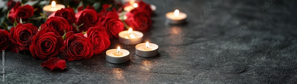 Arrangement of red roses and candles on the ground, evoking themes of mourning, peace, and tribute during All Saints' Day Arrangement of red roses and candles on the ground, evoking themes of mourning, peace, and tribute during All Saints' Day