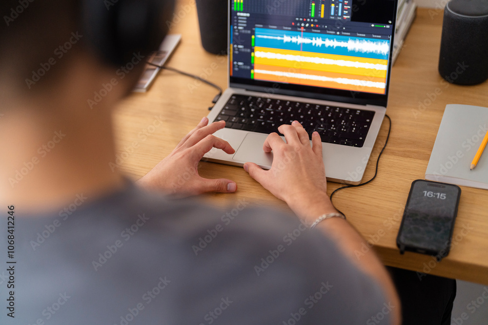 Arab young man wearing headphones works on a laptop in a home studio with audio editing software, showcasing a focused setup perfect for music production in a modern, indoor workspace. Arab young man wearing headphones works on a laptop in a home studio with audio editing software, showcasing a focused setup perfect for music production in a modern, indoor workspace.