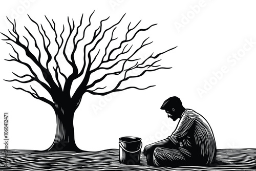 Hand-Drawn Illustration of Indian Man Sitting Near Barren Tree in Drought Conditions