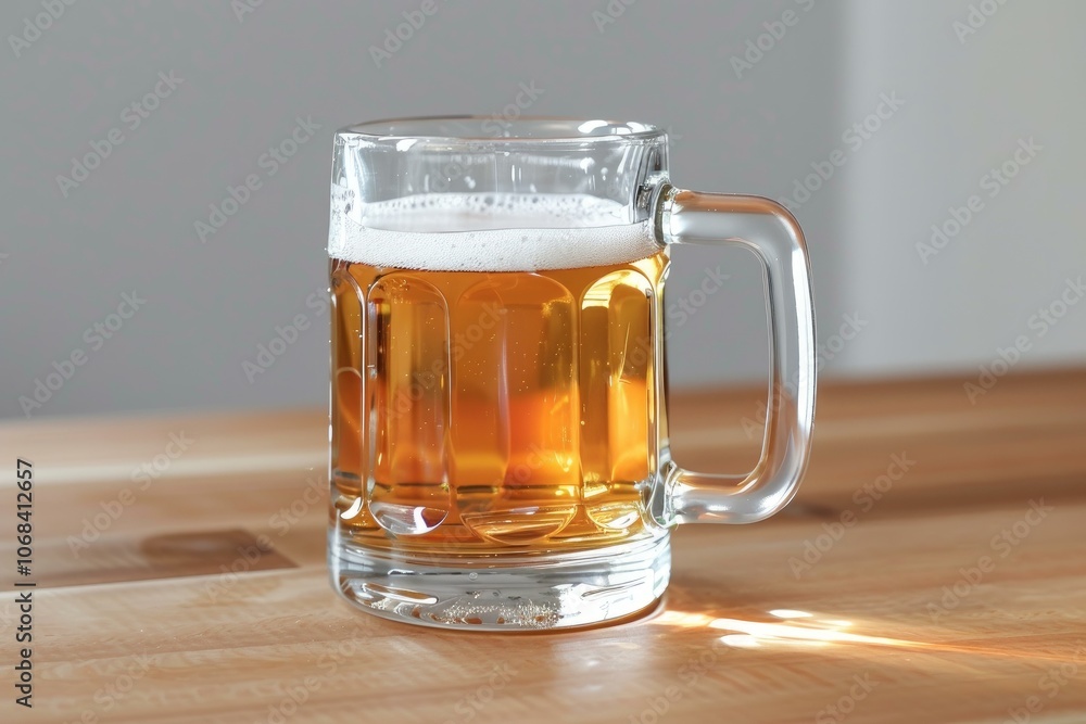 Glass of lager beer is standing on a wooden table in the sun Glass of lager beer is standing on a wooden table in the sun