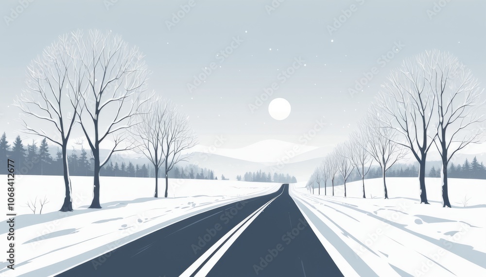 Minimalist winter road in the countryside with barren trees and snow for serene landscape design Minimalist winter road in the countryside with barren trees and snow for serene landscape design