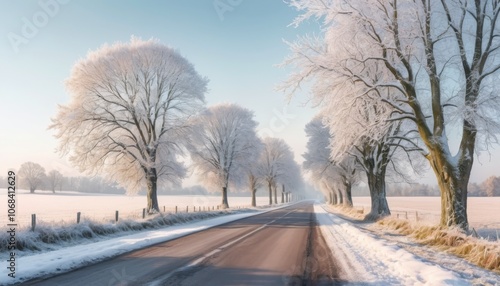 Frosty trees in winter landscape along a rural road with blue sky