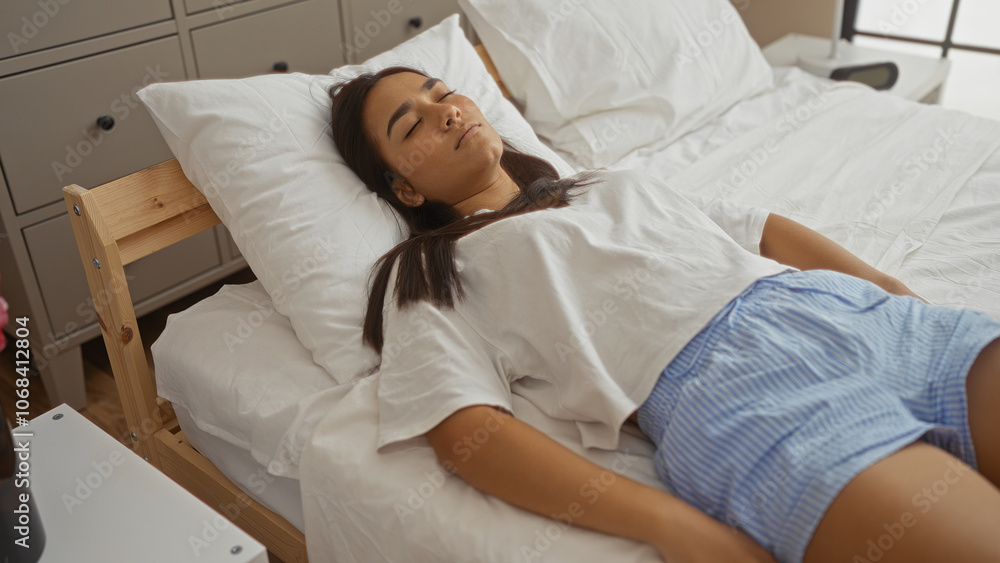 Obraz premium Young woman resting peacefully on a bed in a cozy bedroom, surrounded by simple, modern furniture and soft, natural light cascading through a nearby window