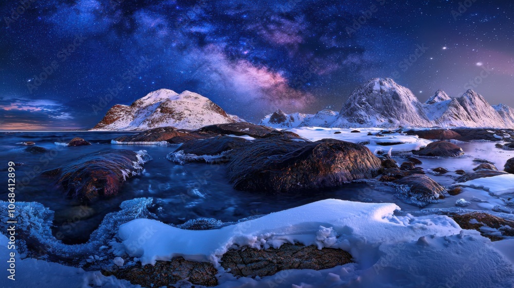 Naklejka premium Lofoten Winter: Arctic Splendor under the Milky Way