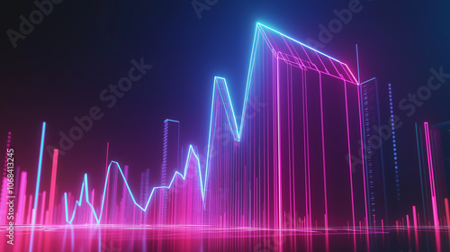 a holographic Real estate market growth chart next to a glowing linear version of a house. Increase money with investment property concept background.