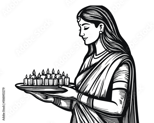 Traditional Indian Woman Holding Pooja Thali for Diwali in Vintage Engraved Style