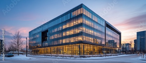 Modern glass office building at dusk with snow on the ground.