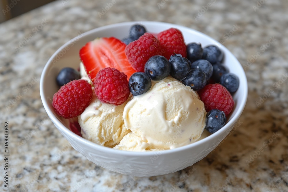 A bowl of mixed berry ice cream with fresh blueberries, strawberries, and raspberries on top. A bowl of mixed berry ice cream with fresh blueberries, strawberries, and raspberries on top.