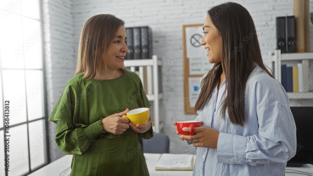Women talking together in an office setting, holding colorful coffee mugs, showcasing a relaxed, professional interaction between coworkers indoors. Women talking together in an office setting, holding colorful coffee mugs, showcasing a relaxed, professional interaction between coworkers indoors.